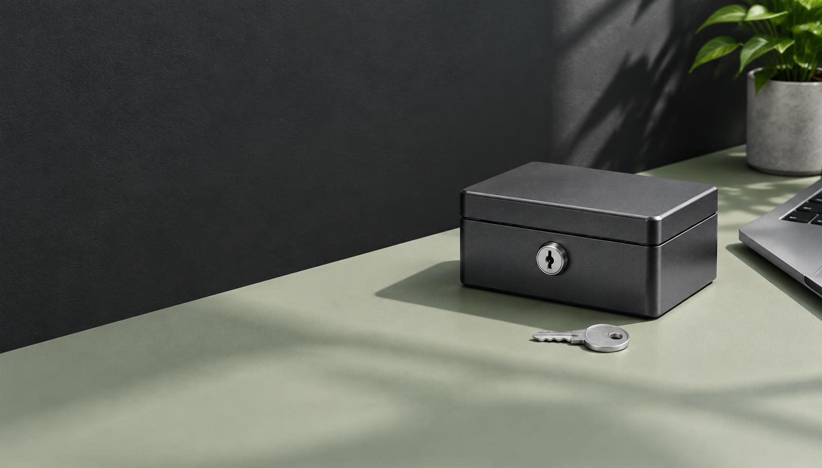 A metal lockbox with its key beside it